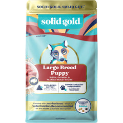 Solid Gold cachorro raza grande en empaque frontal, nutrición diaria recomendada