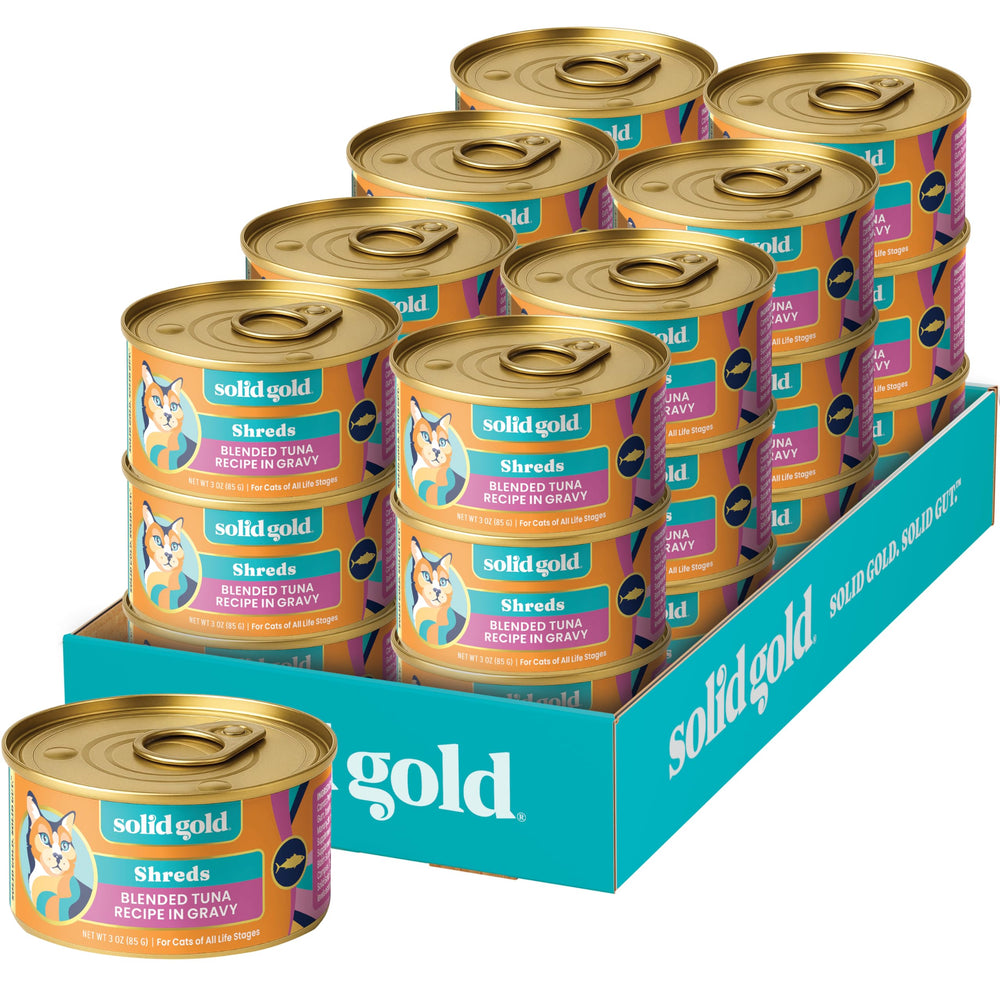 Solid Gold lata de atun en salsa, tiras jugosas para hidratación y proteína.