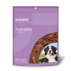 Solimo tiras de pato para perros en empaque de dos libras, recompensa sabrosa.