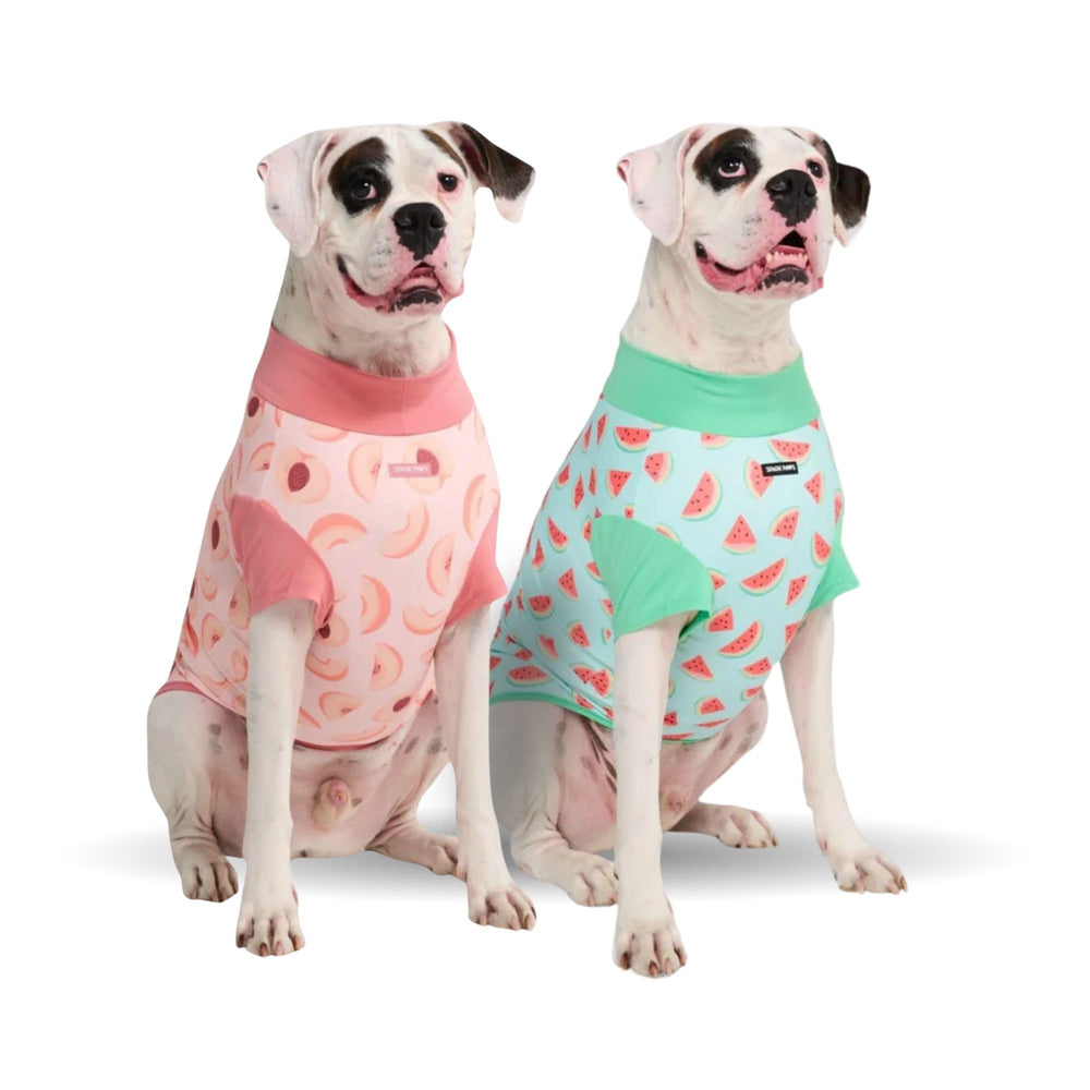 Spark Paws camiseta perro protección solar y diseño sandía-durazno para salidas al sol.