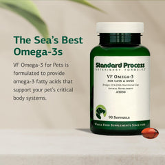 VF Omega-3 para mascotas, dosis visibles en envase, uso diario recomendado.