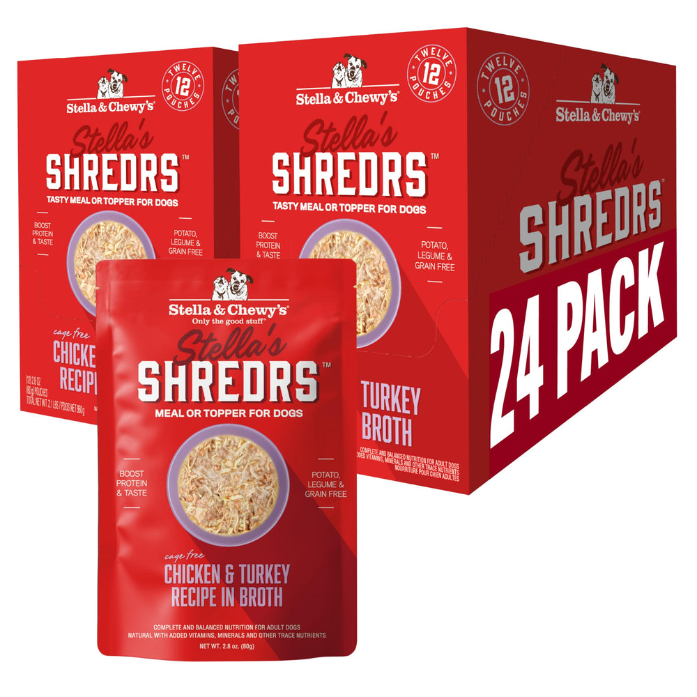 Stella & Chewy's Shredrs en pouch frente, comida completa lista para servir.