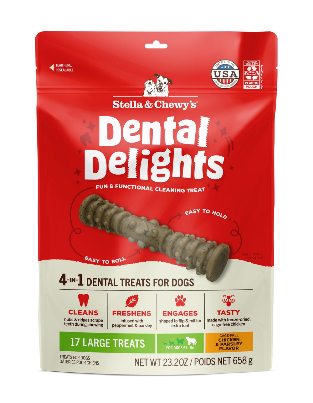 Stella & Chewy's Dental Delights con bordes escalonados para limpieza dental suave.