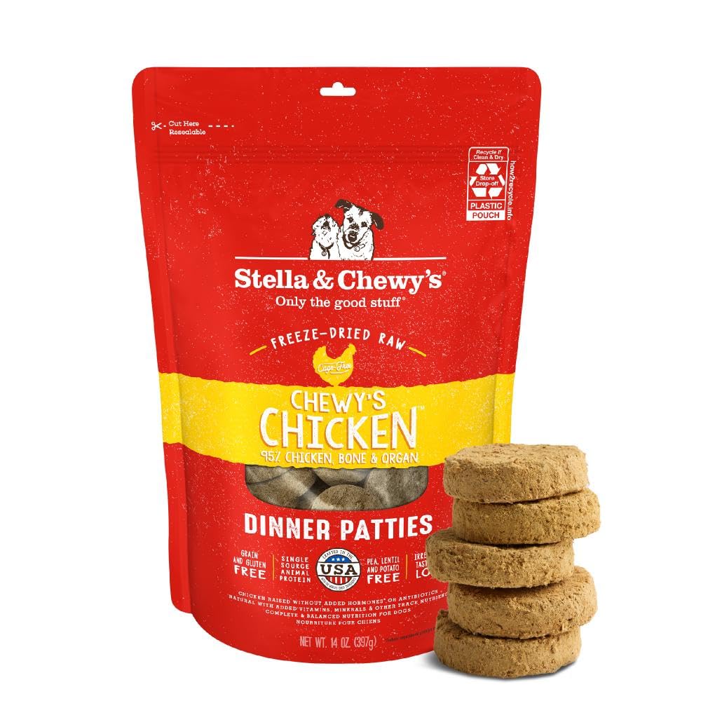Stella & Chewy's medallones crudos de pollo, ideal como comida completa para perros exigentes.