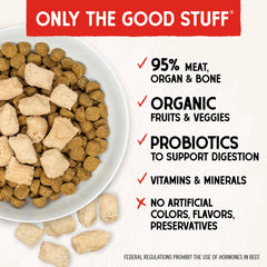Stella & Chewy's órganos y hueso, aporte nutricional visible para perros.