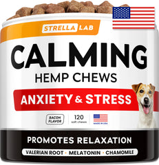 STRELLALAB bocaditos calmantes para perros; relajación natural con cáñamo y melatonina, útiles ante fuegos artificiales