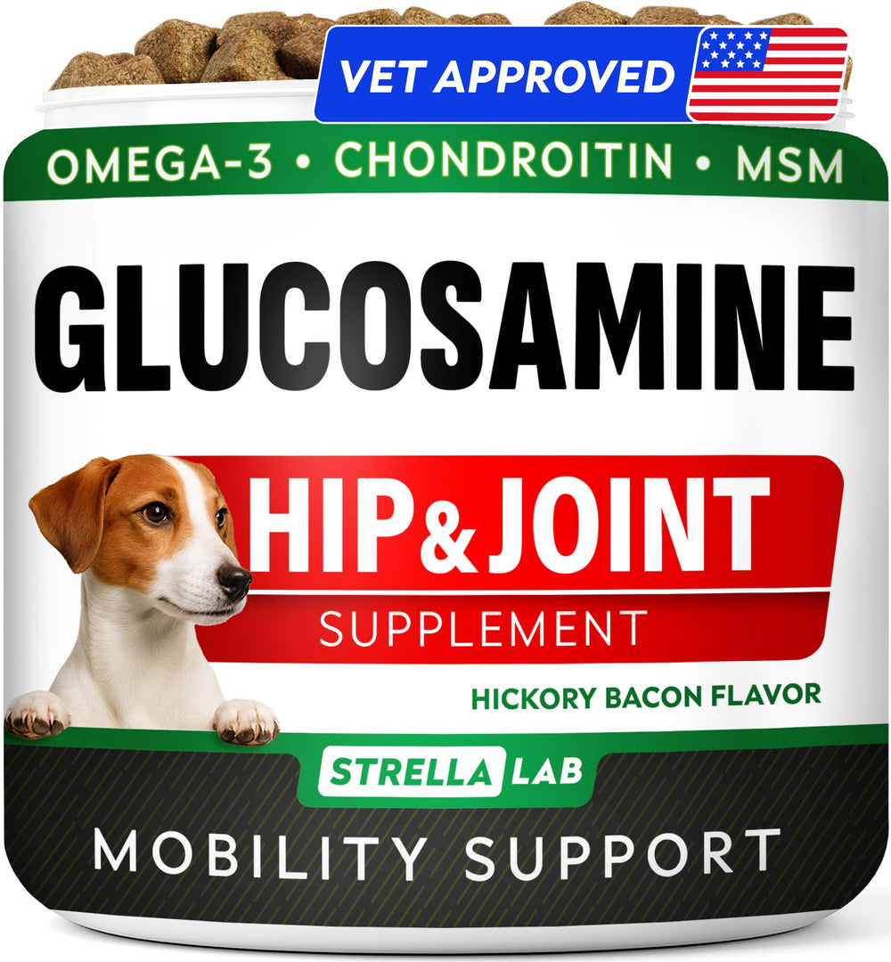 STRELLALAB glucosamina para perros, envase visible, apoya movilidad diaria.