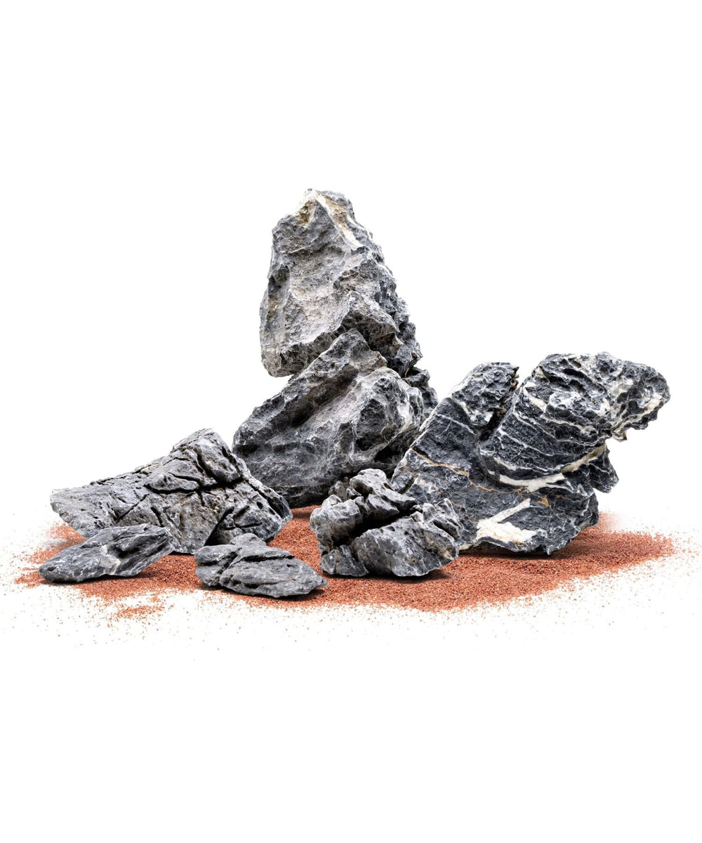 Piedras SubstrateSource Seiryu Montaña Azul Gris con venas blancas para acuario, realzan contraste.