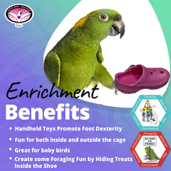 Juguete Crocs para aves de tamaño medio, con texturas y colores para estimular la curiosidad.