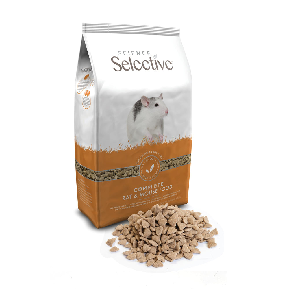 Supreme Petfoods Science Selective para ratas, empaque visible, alimento equilibrado para mascotas.