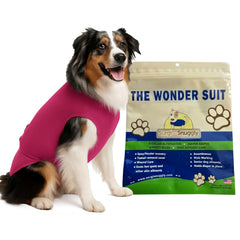 Surgi Snuggly: traje de recuperación para perro rosa, vista frontal, cómodo para la recuperación.