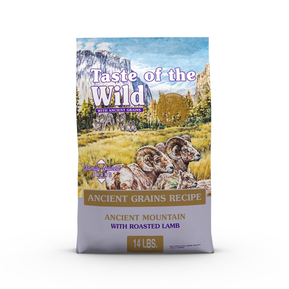 Taste of the Wild Granos Antiguos Montaña con cordero asado, dieta equilibrada para perros activos.
