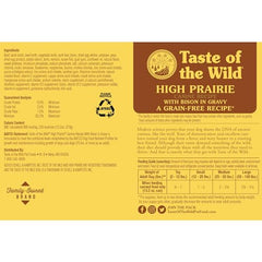 Taste of the Wild High Prairie bison en gravy, etiqueta de lata con ingredientes de calidad