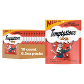 Golosinas Temptations para gatos, sabor langosta, bolsa mantiene frescura, crujiente por fuera y suave por dentro.