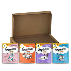 Temptations Cat Treats: frontal del pack de 6, premio crujiente y suave para gatos.