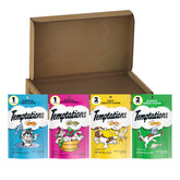 Temptations Gatos, empaque frontal que muestra snacks crujientes y suaves para premiar.