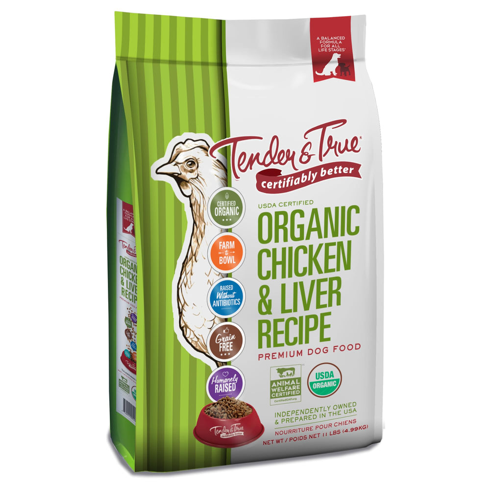 Tender & True alimento orgánico para perros con pollo e hígado, presentación de 11 libras.