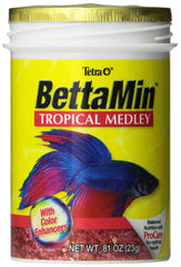 Tetra BettaMin Flakes en envase, nutrición diaria para bettas con colores brillantes.
