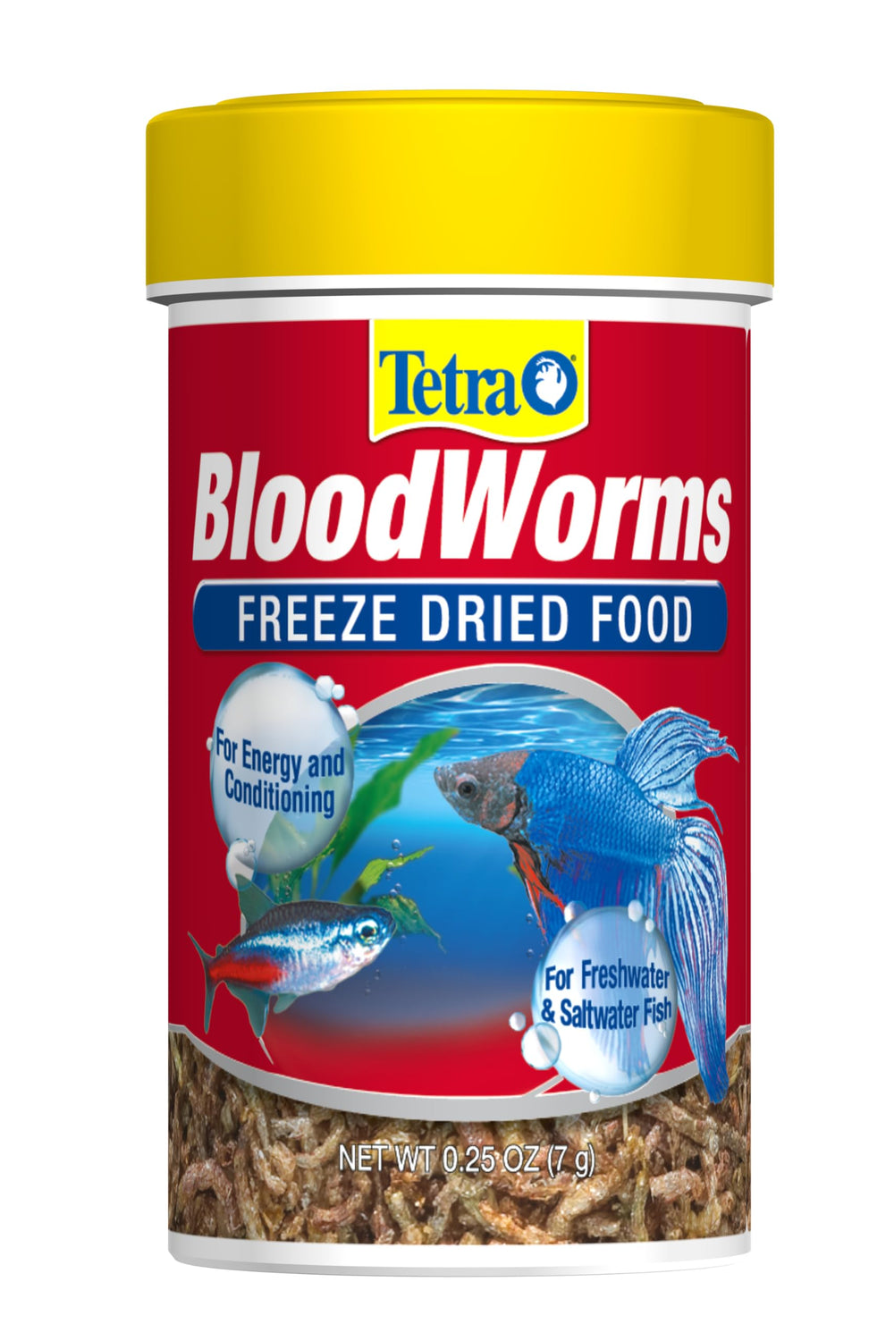 Tetra BloodWorms en envase con tapa de seguridad para niños, manejo seguro.