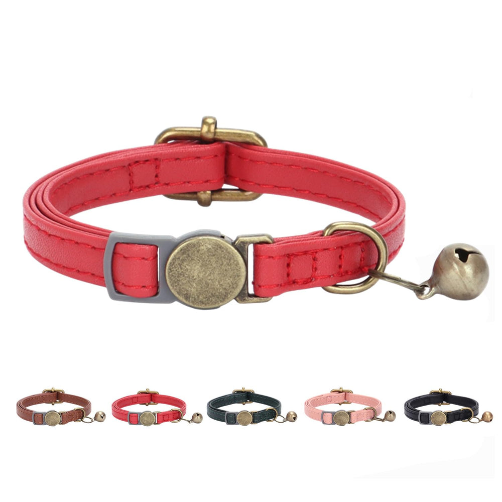 Collar THAIN para gato de cuero con campana retro, fácil de localizar al felino.