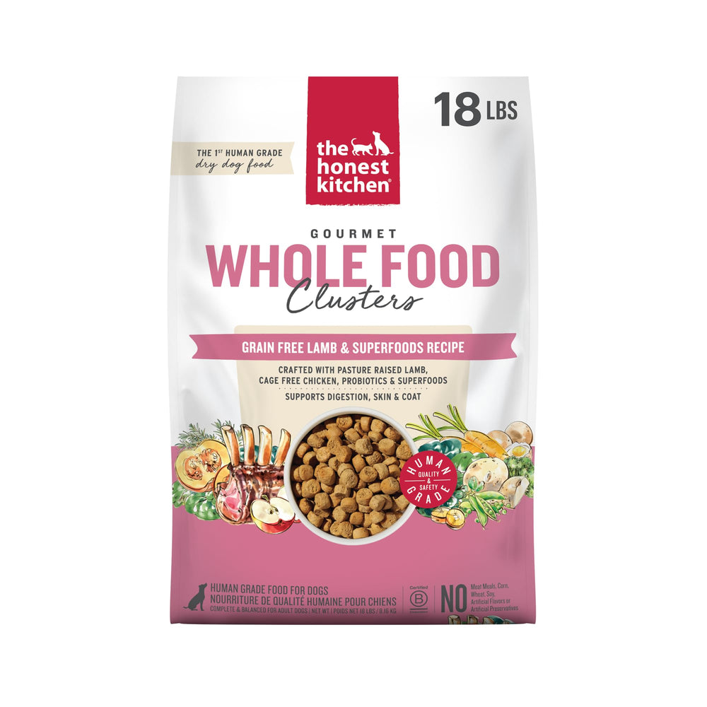 The Honest Kitchen clústeres de cordero en bolsa de 18 lb, opción nutritiva para perros adultos.