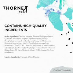 Etiqueta de ThorneVet Longevity que destaca NR y antioxidantes
