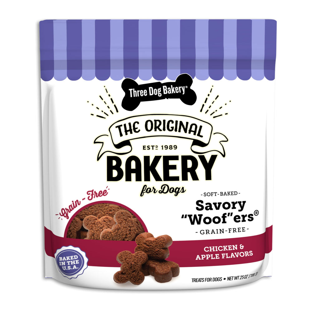 Three Dog Bakery: woof-ers sin grano con pollo y manzana para estómagos sensibles.