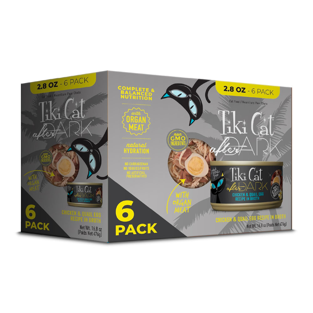 Tiki Cat After Dark: lata de pollo entero y huevo de codorniz, alto en proteína para gatos.