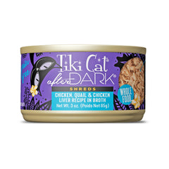 Tiki Cat After Dark Shreds en lata con pollo, codorniz e hígado, proteína alta.