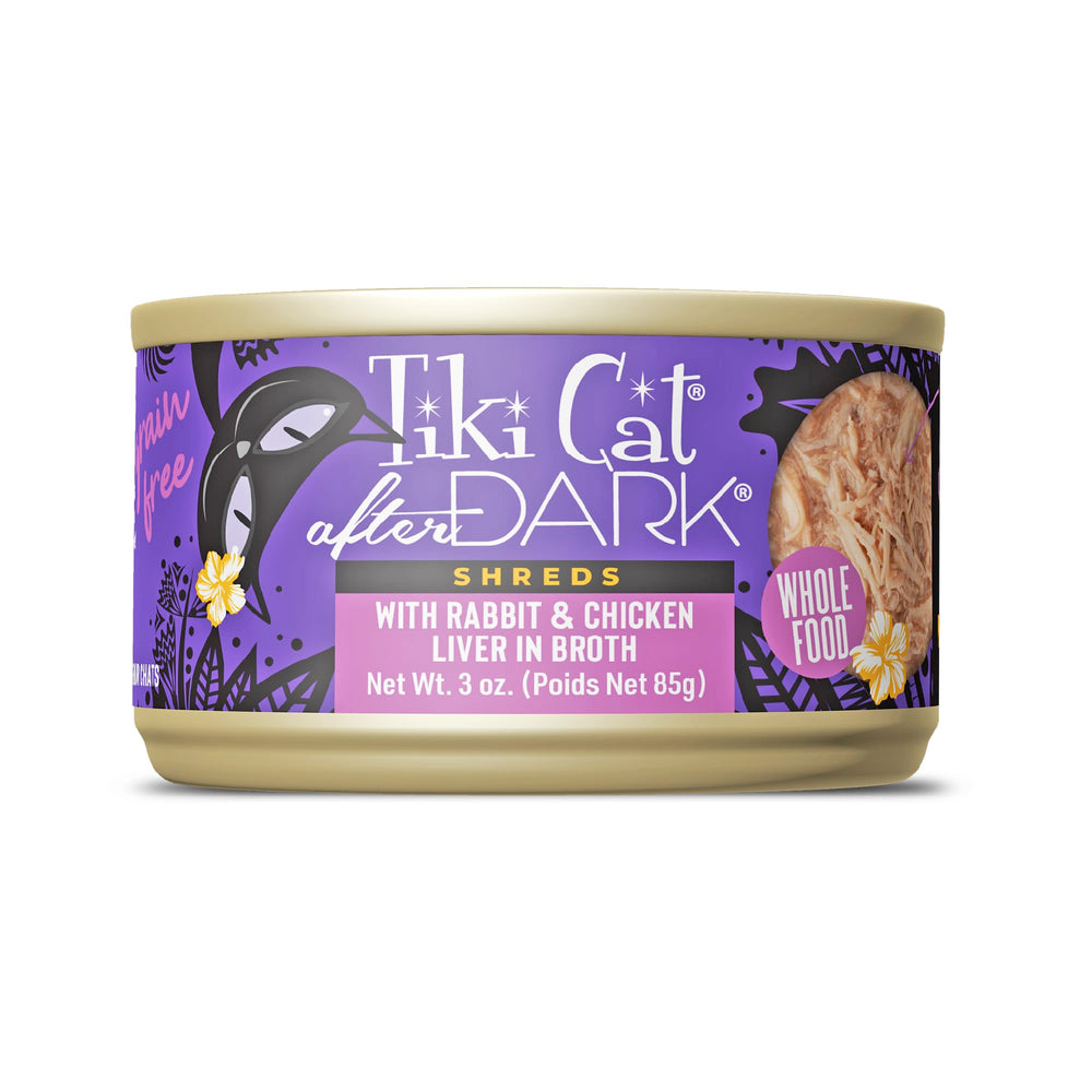Tiki Cat After Dark Shreds: lata de tres onzas con etiqueta, ideal para snack sabroso