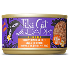 Tiki Cat After Dark Shreds Venison, textura jugosa para comida húmeda sabrosa.