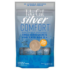 Tiki Cat Silver Comfort Mousse en envase, opción nutritiva para gatos mayores.