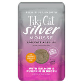 TIKI PETS Silver Mousse con salmón y calabaza para gatos mayores.