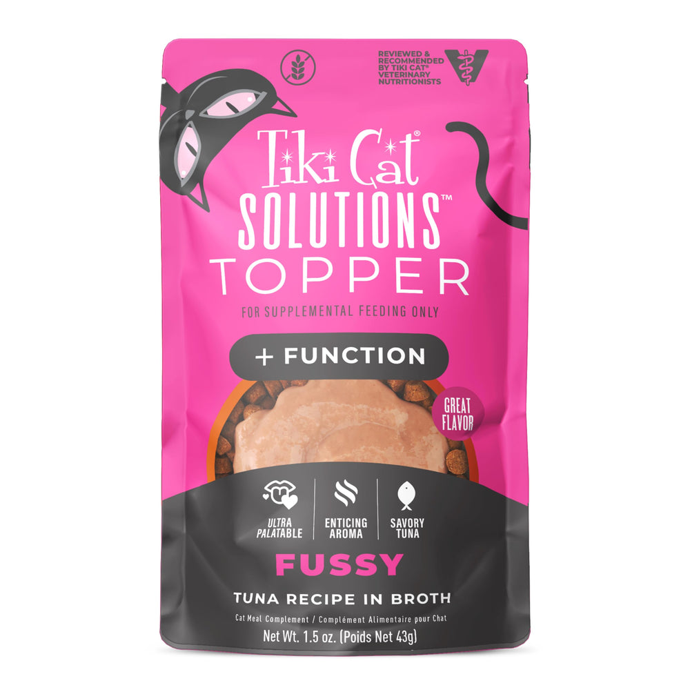 Tiki Pets Topper Fussy atún en caldo, empaque 1.5 oz, ideal para realzar la comida.
