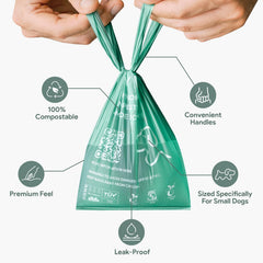 Tiny Woof bolsas compostables con bloqueo de olores; ideales para paseos limpios.