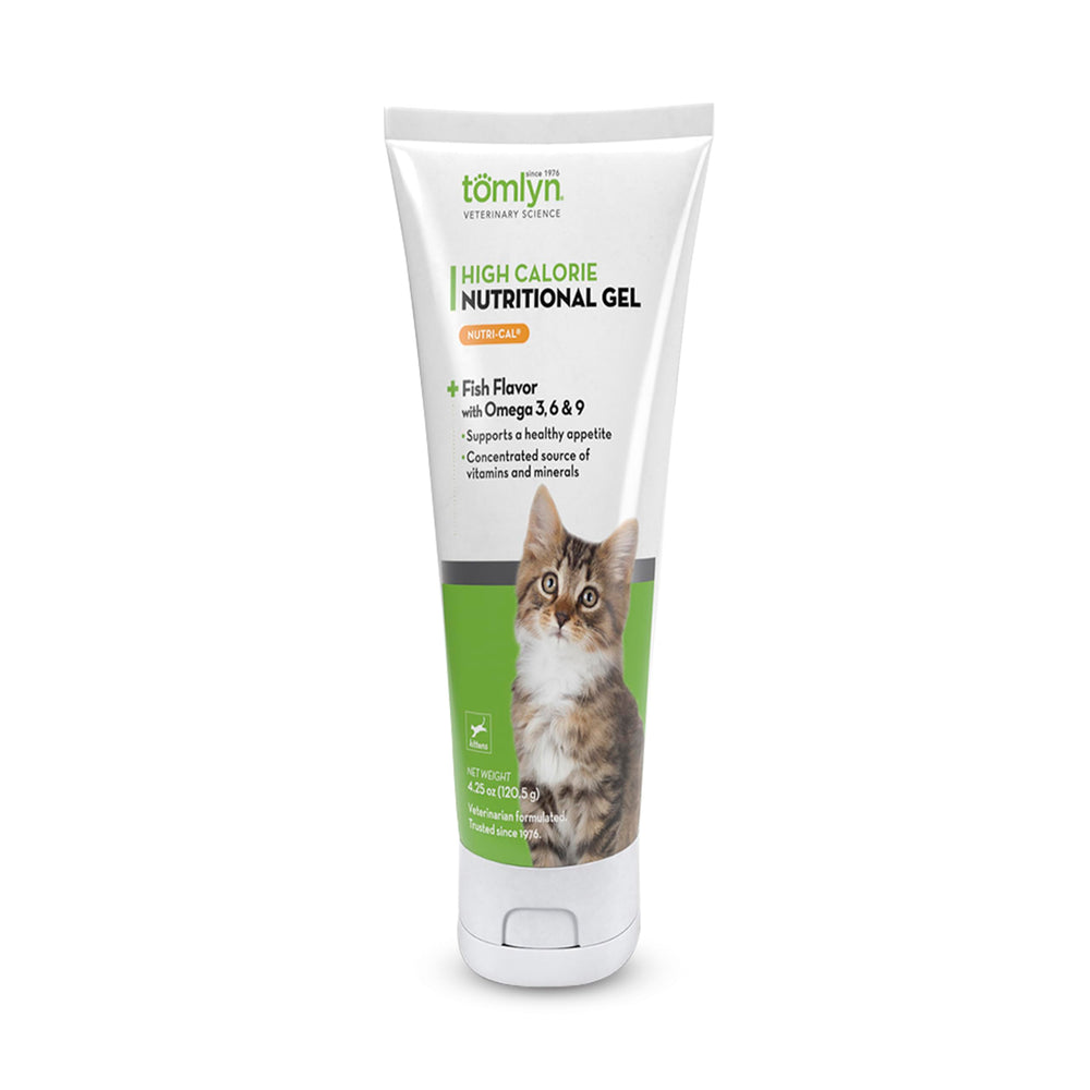 Tomlyn Nutri-Cal gel para gatitos, empaque visible, fuente conveniente de calorías para crecimiento.