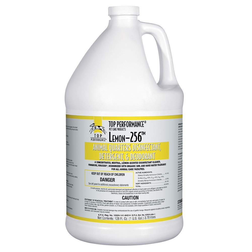 Top Performance 256 concentrado desinfectante, botella de 1 galón, para desinfección rápida de jaulas.