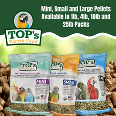 TOP's Parrot Food Mini Granulos aves comiendo en jaula