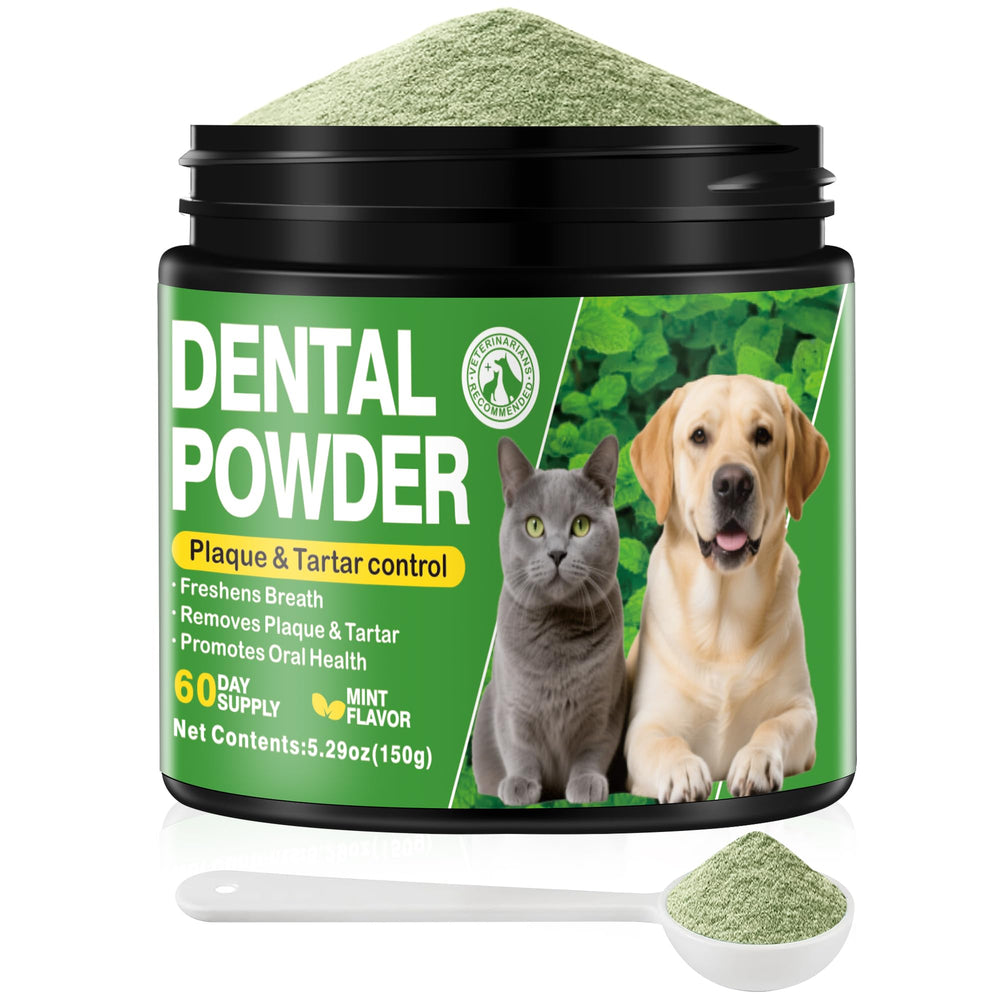 Trihood polvo dental para perros en envase, ayuda a limpieza diaria.