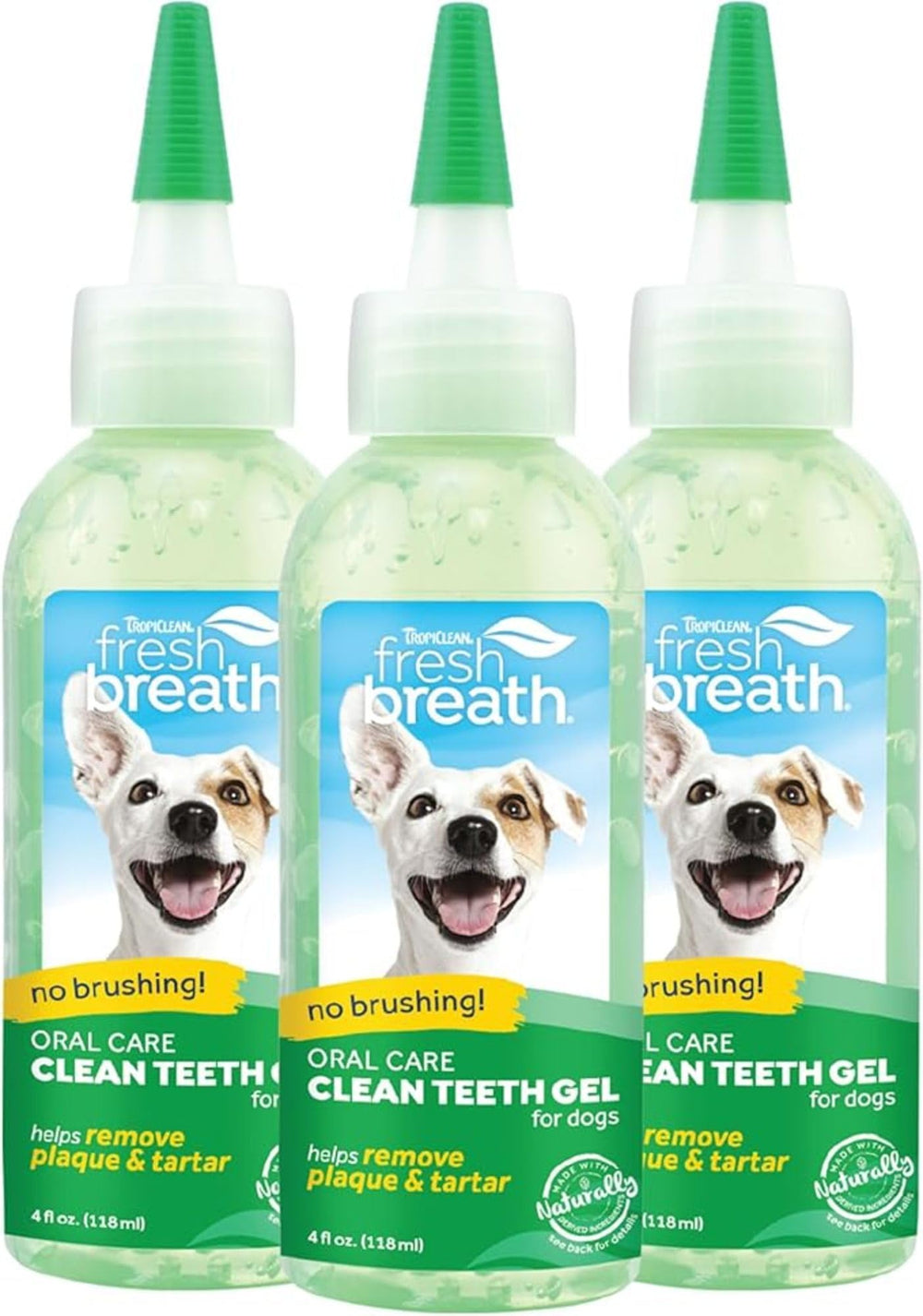 TropiClean Fresh Breath gel dental en empaque muestra formato listo para usar sin cepillado.