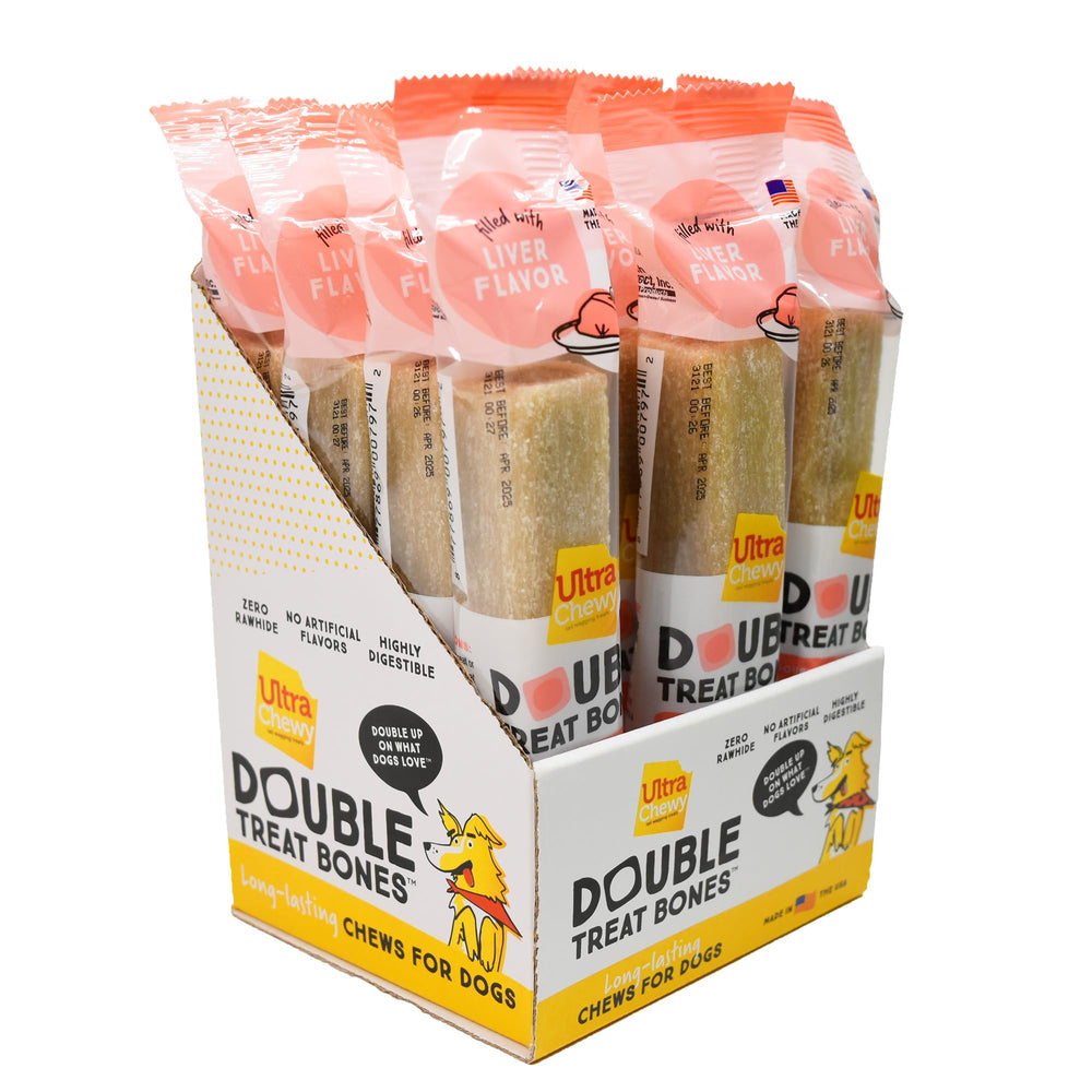 Ultra Chewy hígado: hueso de doble tratamiento en empaque, perfecto para masticar en casa.