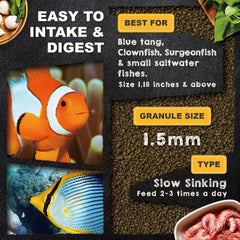Ultra Fresh granulado de 1.5 mm, tamaño ideal para peces pequeños.