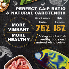 Ultra Fresh ingredientes seleccionados, primer plano de mezcla proteica natural para peces.