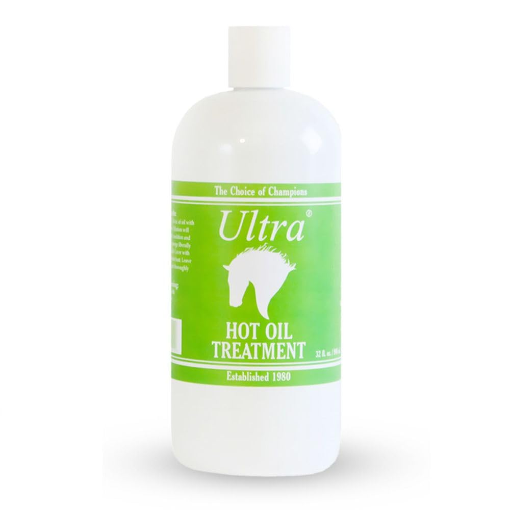 Ultra Tratamiento Aceite Caliente para Caballos, botella vertida, mejora brillo y manejabilidad del pelaje.