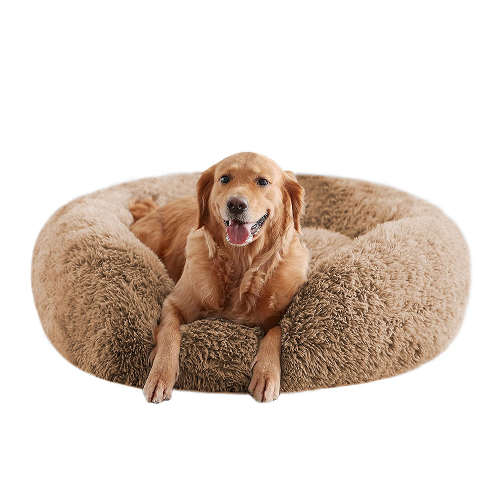 URGVANZ PET cama para perros en forma de rosquilla, vista frontal, soporte para cabeza y cuello.