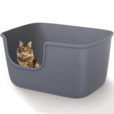 Vealind caja-arena-gato-gris-frente: acceso frontal cómodo para gatos grandes o mayores.