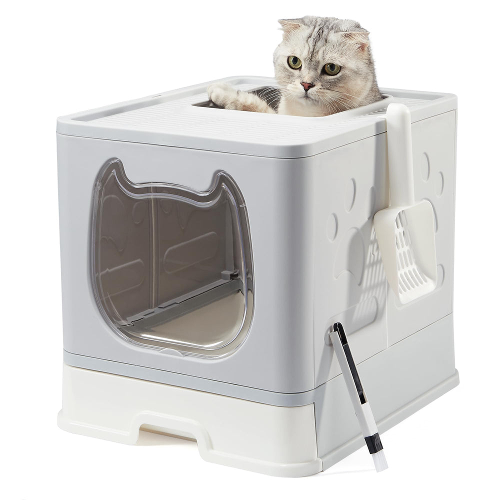 Vealind caja litter cubierta gris con tapa para gatos, espacio compacto y limpio.