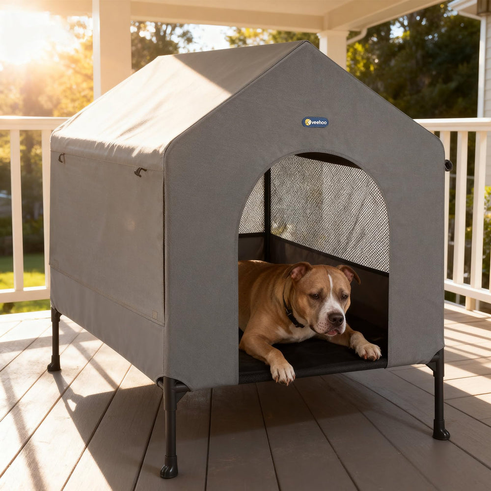 Veehoo casa para perros 35 pulgadas, vista exterior e interior, lista para cualquier clima.