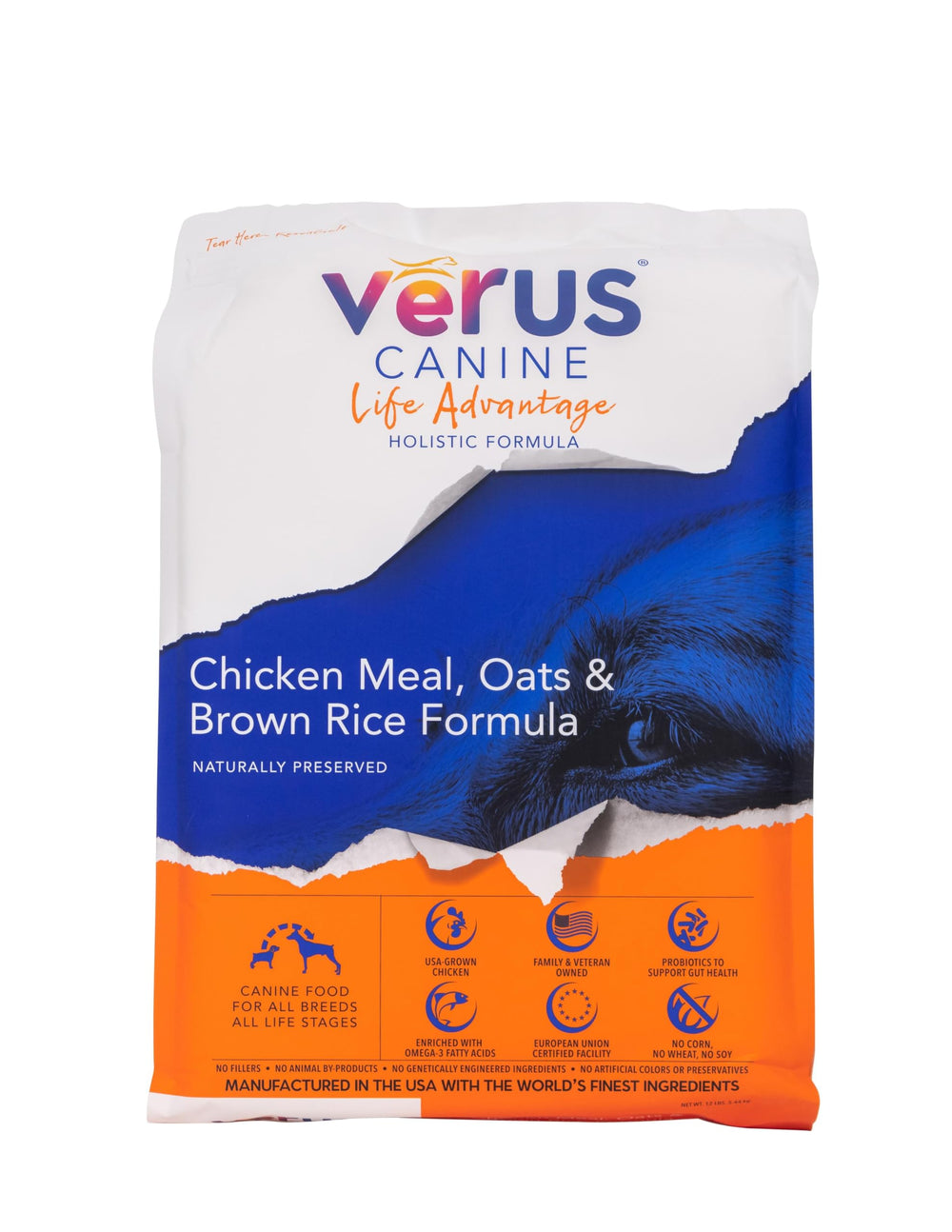 VeRUS alimento seco para perros con pollo en bolsa, nutrición completa para todas las edades.