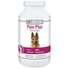 Vet Classics Pain Plus tabletas masticables para perros, posible alivio tras la actividad diaria.